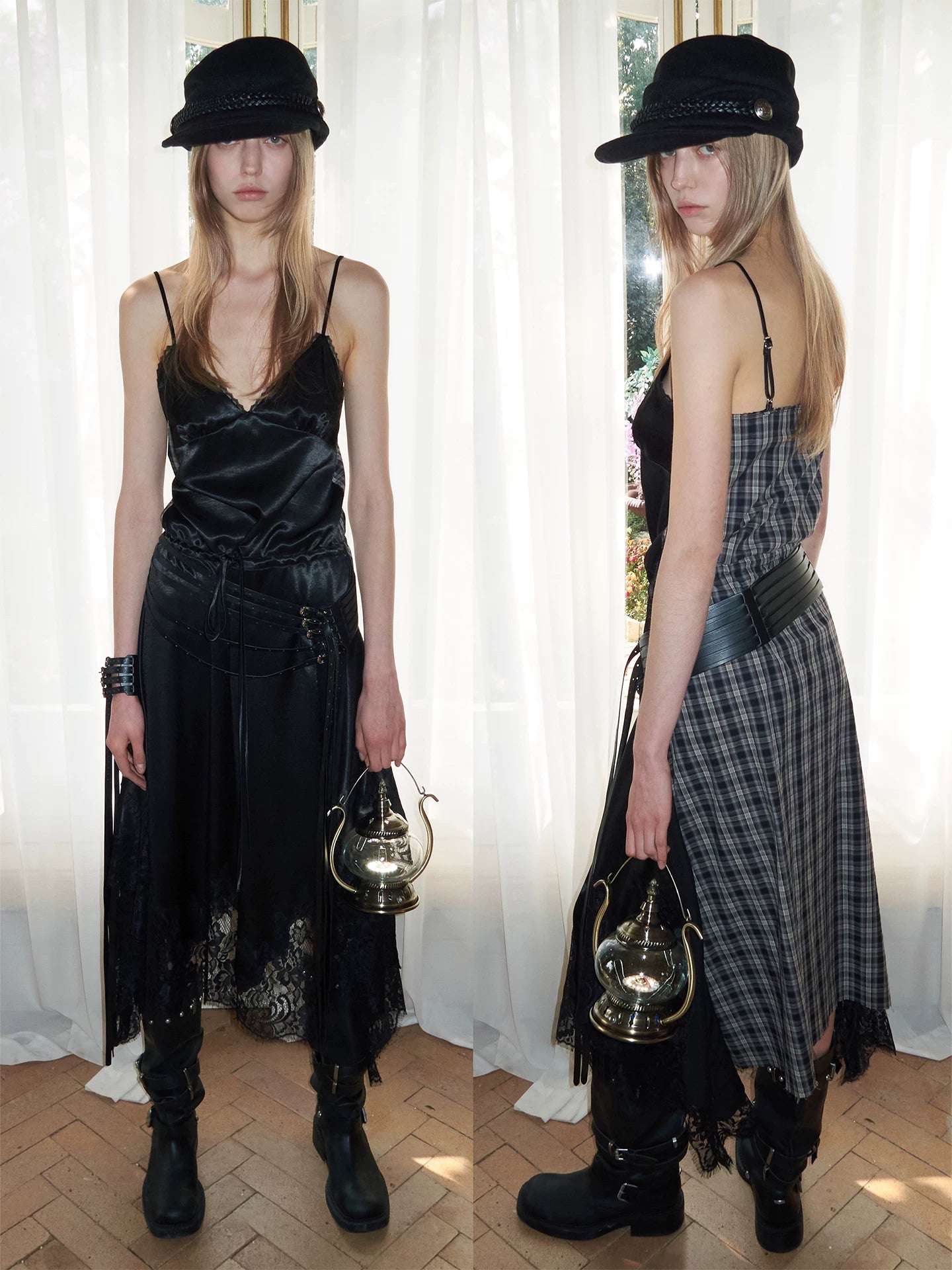 Lace Patchwork Plaid V-Neck Slip Dress