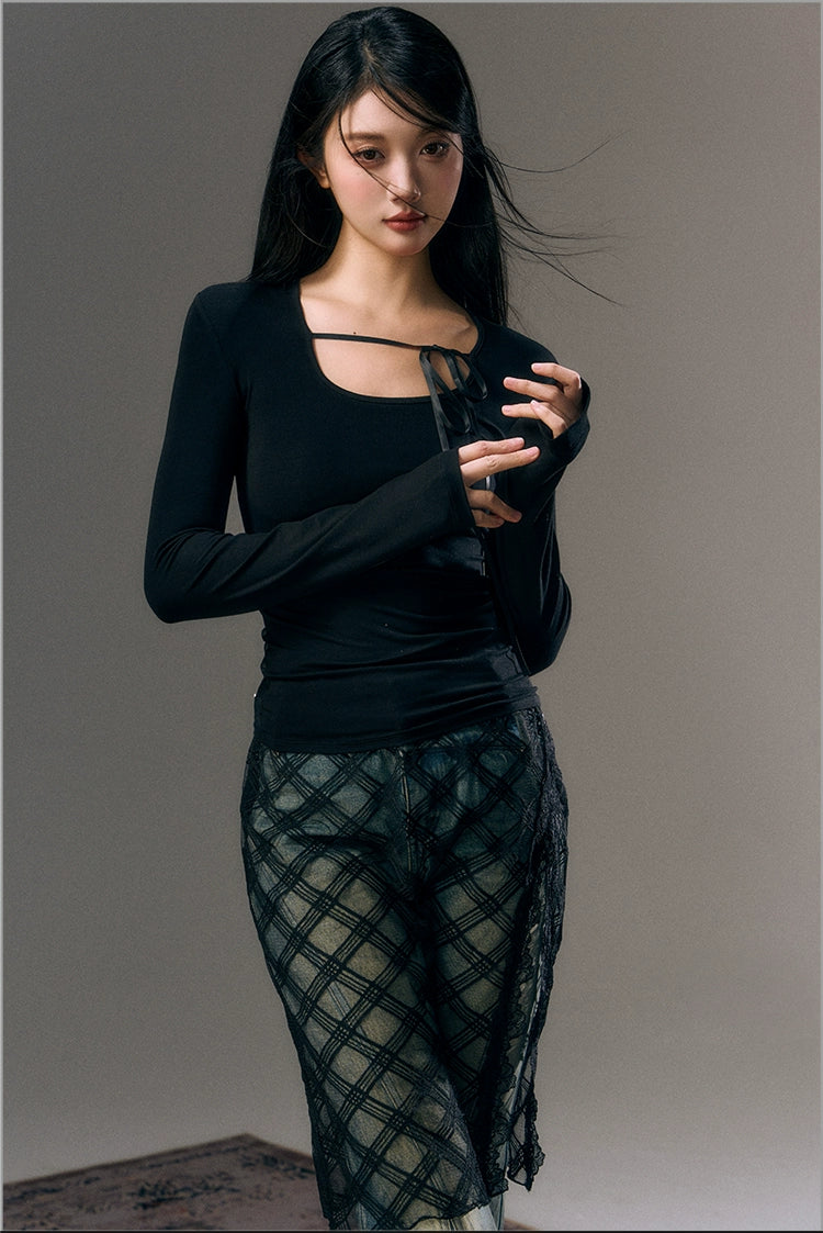 Mesh Lace Up Backless Blouse - CHINASQUAD