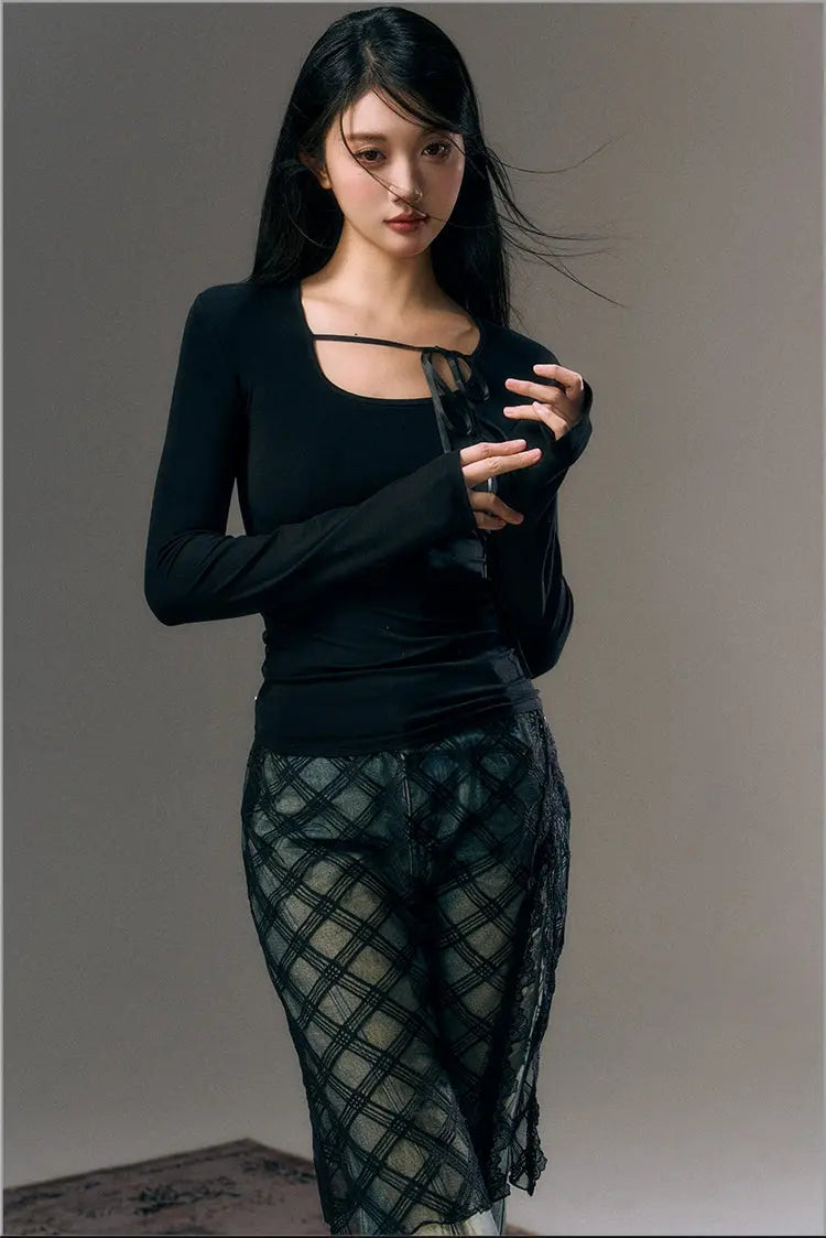 Mesh Lace Up Backless Blouse - CHINASQUAD