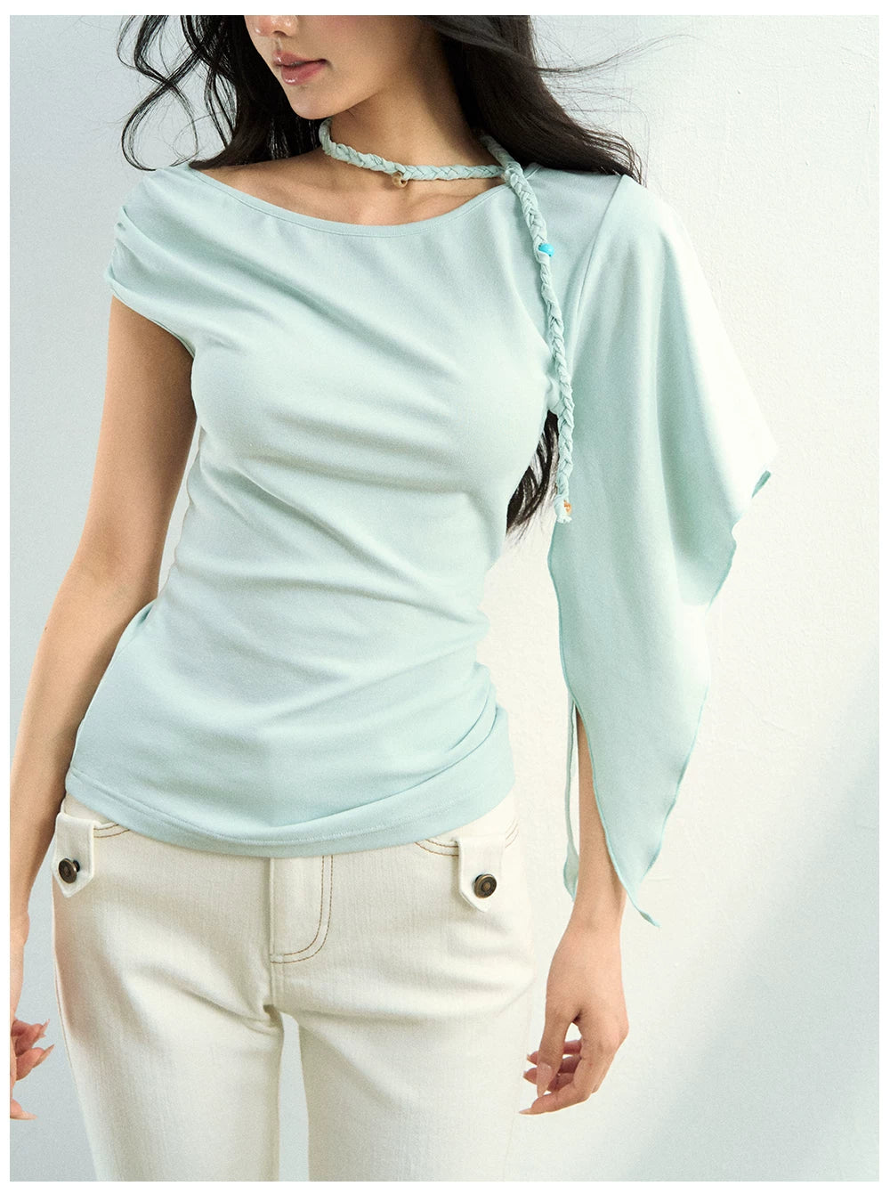 Asymmetrical Off-Shoulder Draped Blouse