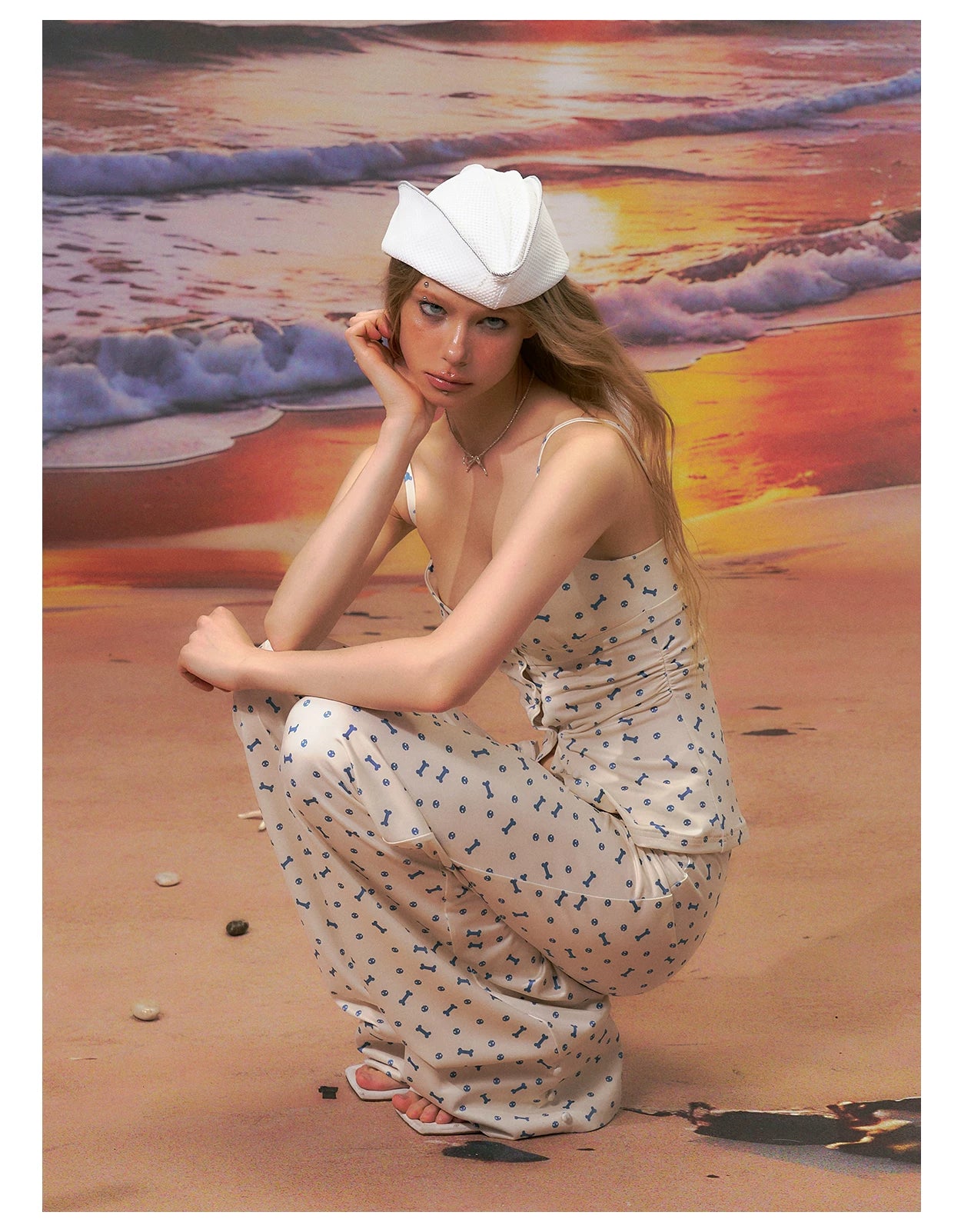 Printed Strapless Camisole Top & Straight-Leg Pants Set