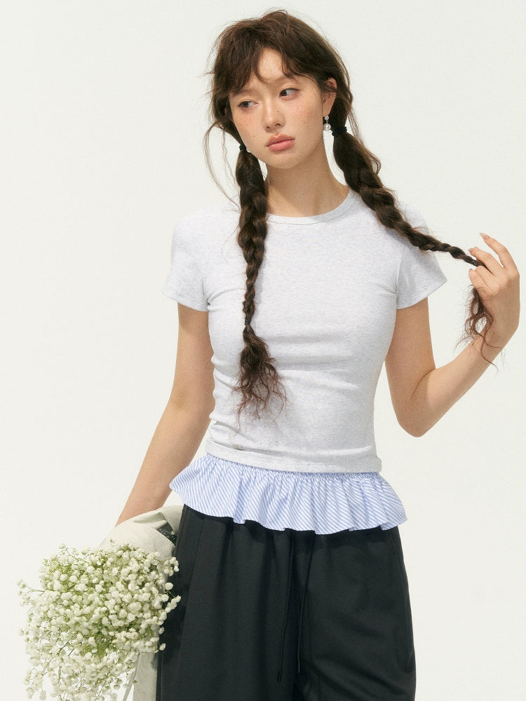 Fake Two-Piece Patchwork Puff Sleeve
