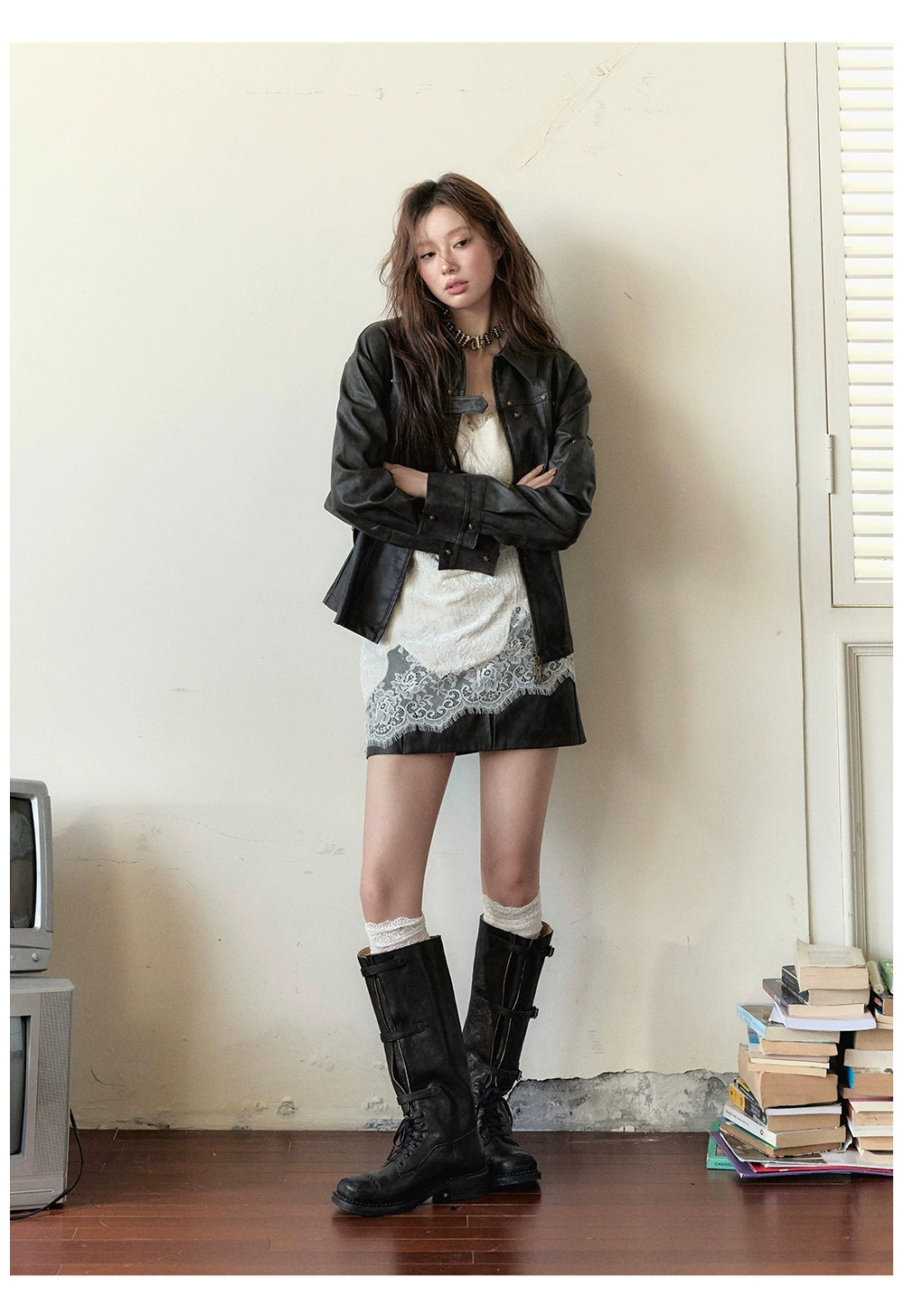 Dark Brown Studded PU Leather Jacket - CHINASQUAD