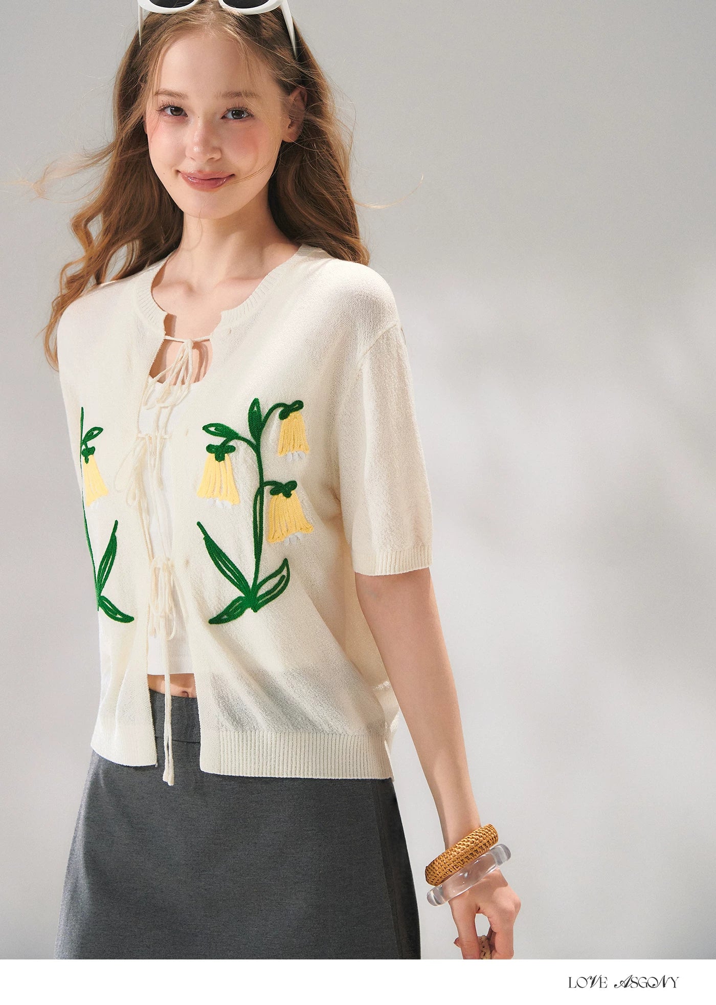 Floral Embroidered Tie-Front Knit Cardigan
