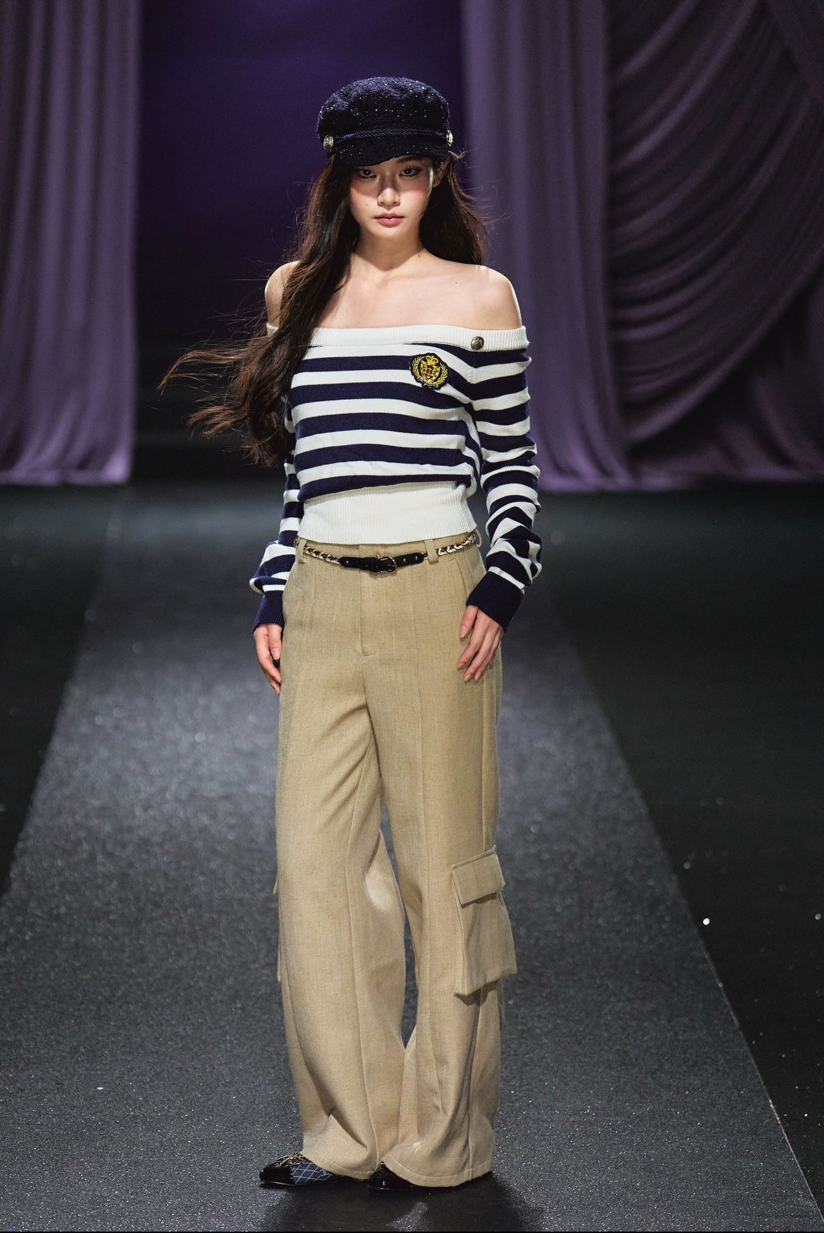 Nautical Stripe Off-Shoulder Knit Sweater - CHINASQUAD