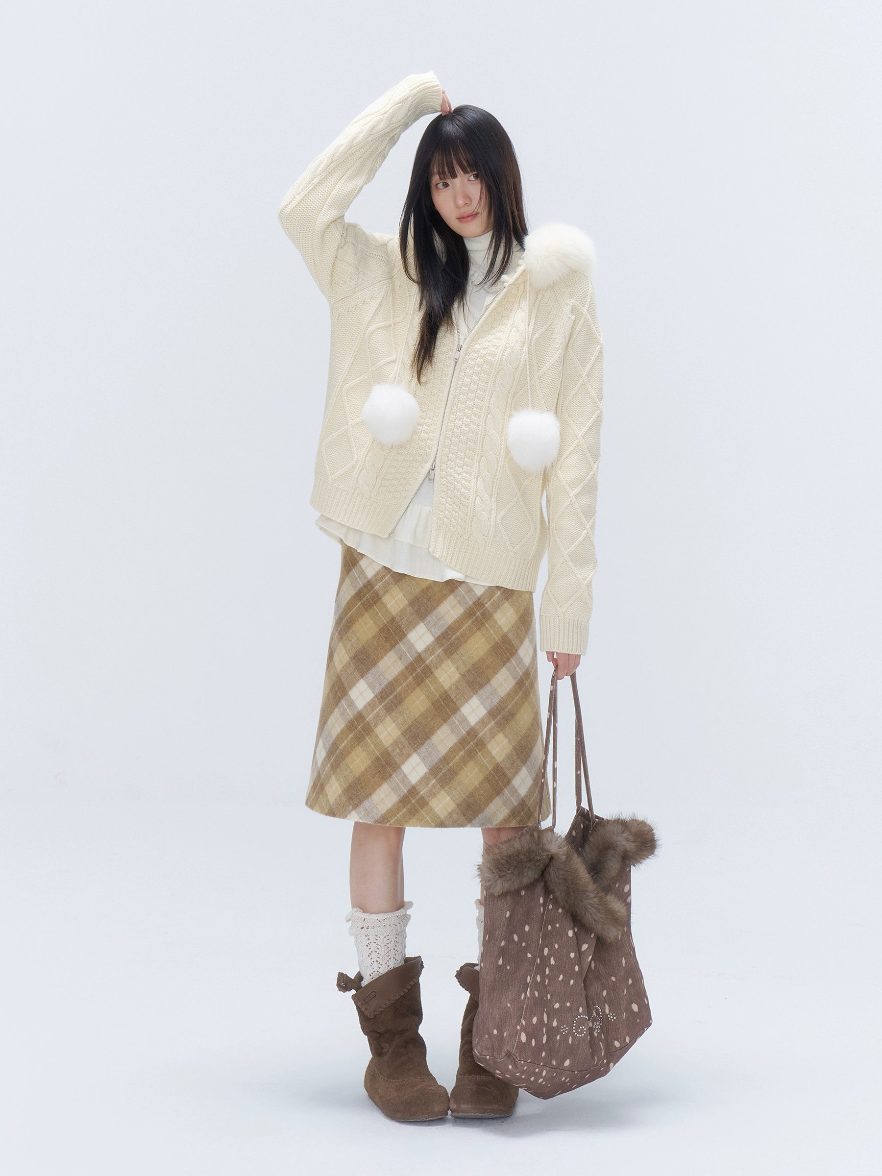 Yellow Plaid Wool-Blend Midi Skirt