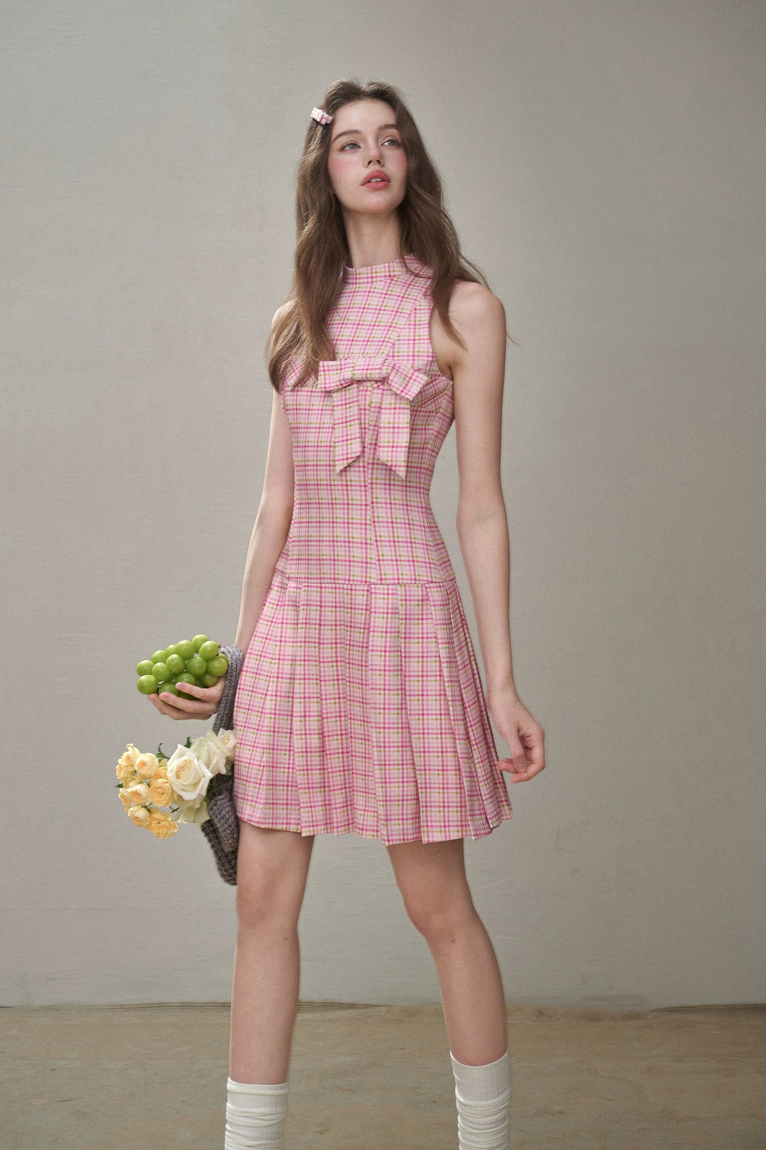 Mint & Strawberry Check Halter Dress