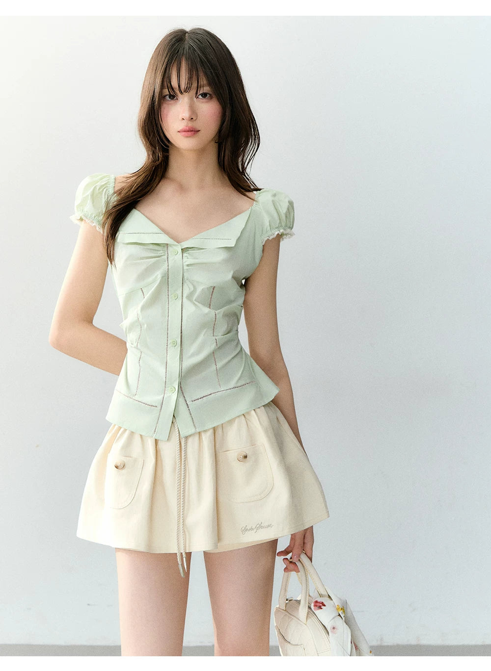 Polka Dot Lace Tie Waist Blouse