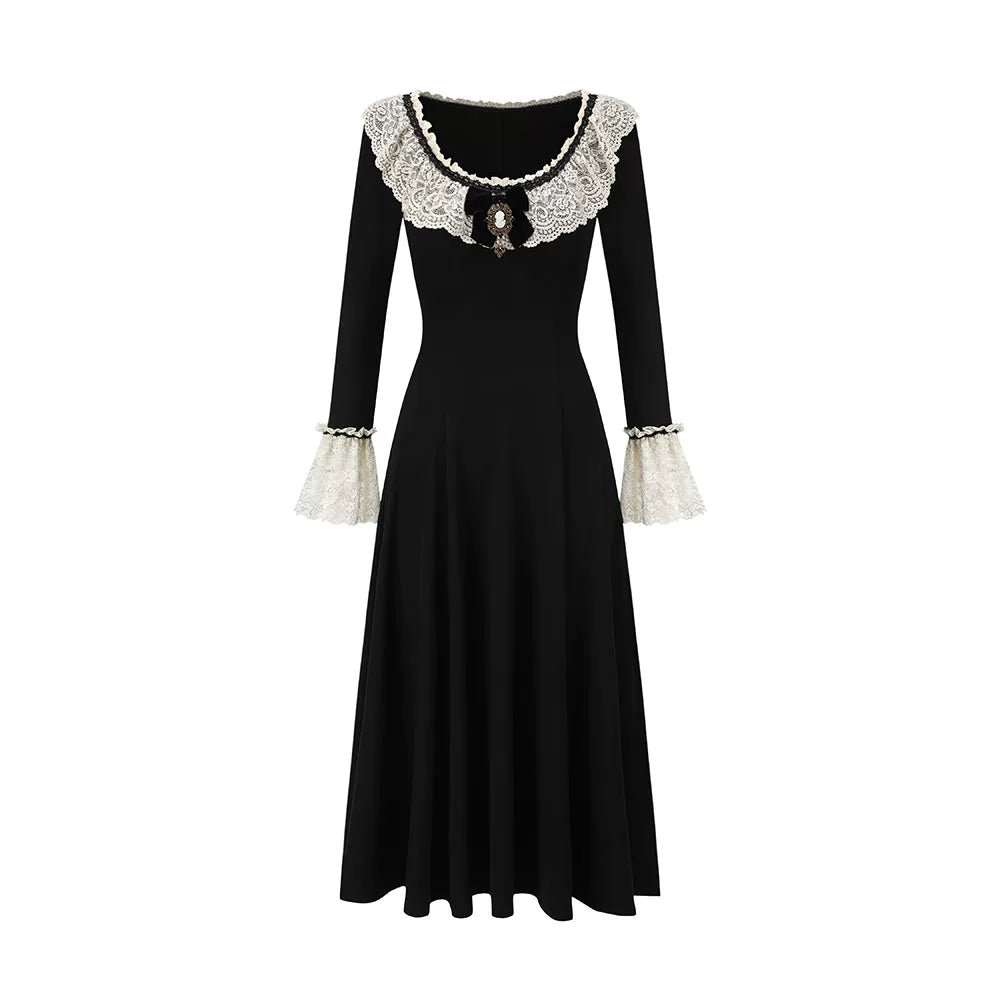 French Pastoral Black Knit Long-Sleeve Dress