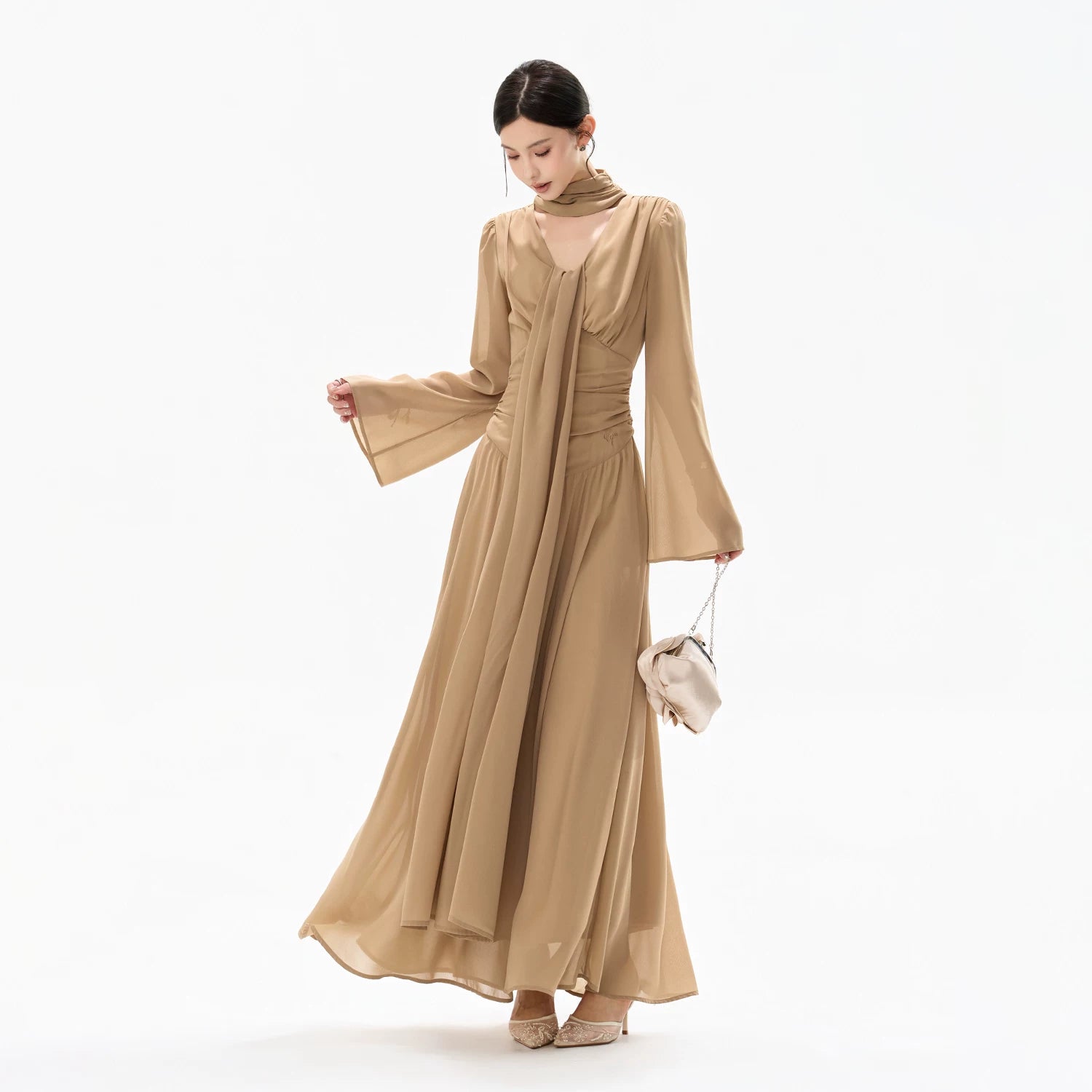 French Ribbon-Tie V-Neck Chiffon Maxi Dress