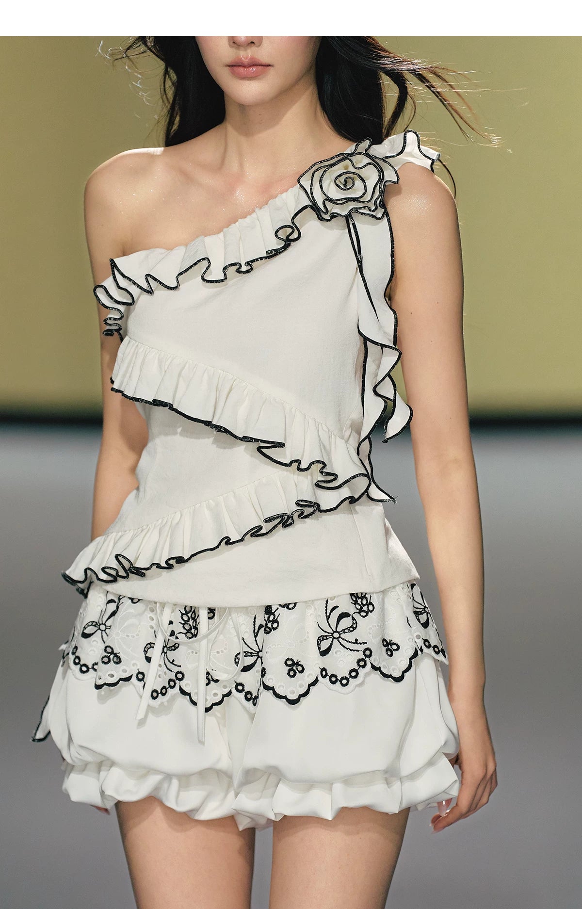 Asymmetric Rose-Trim Layered Top & Puff Bloomers Set