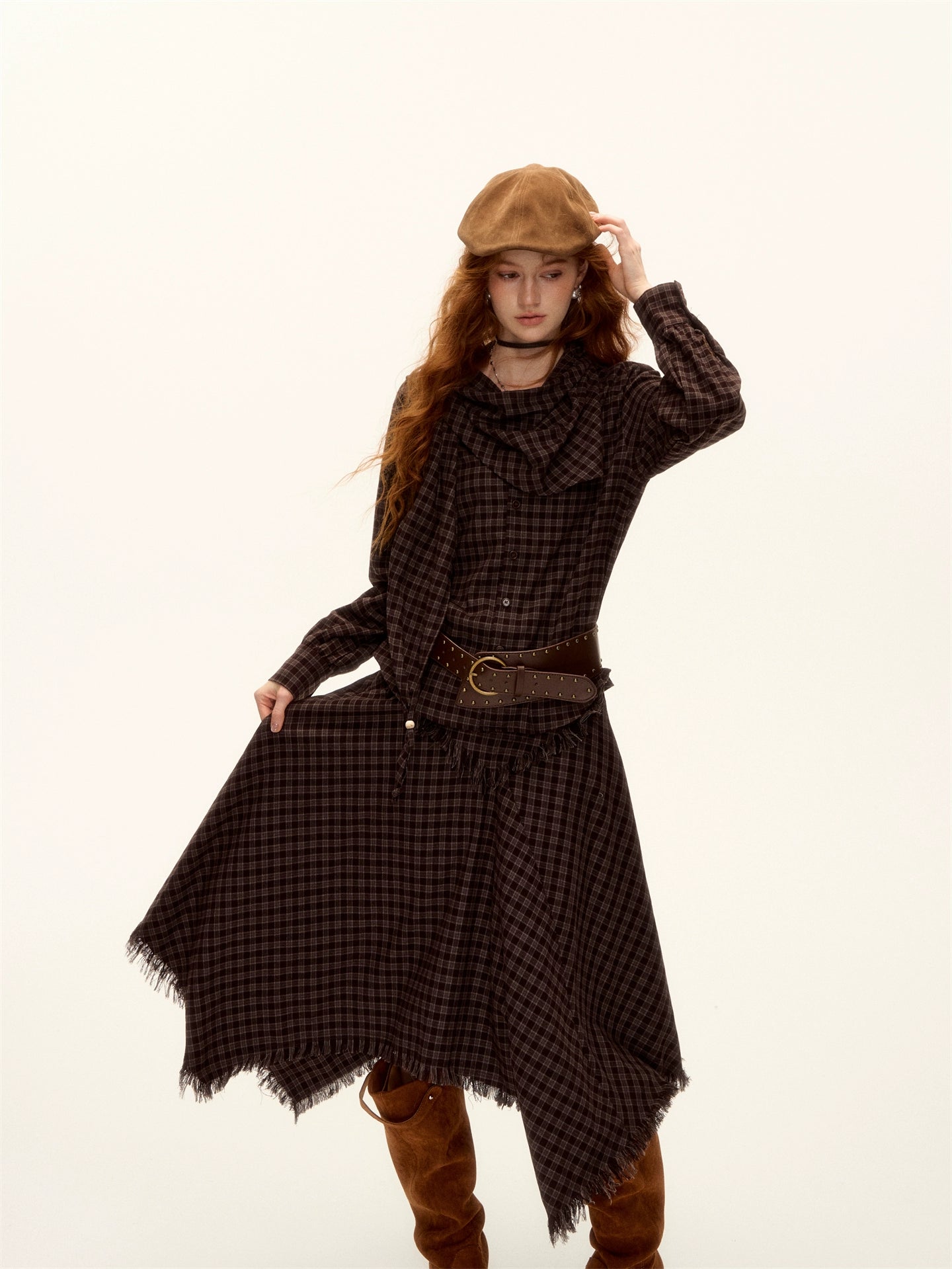 Frayed Hem Plaid Studded Belt Asymmetric A-Line Midi Skirt