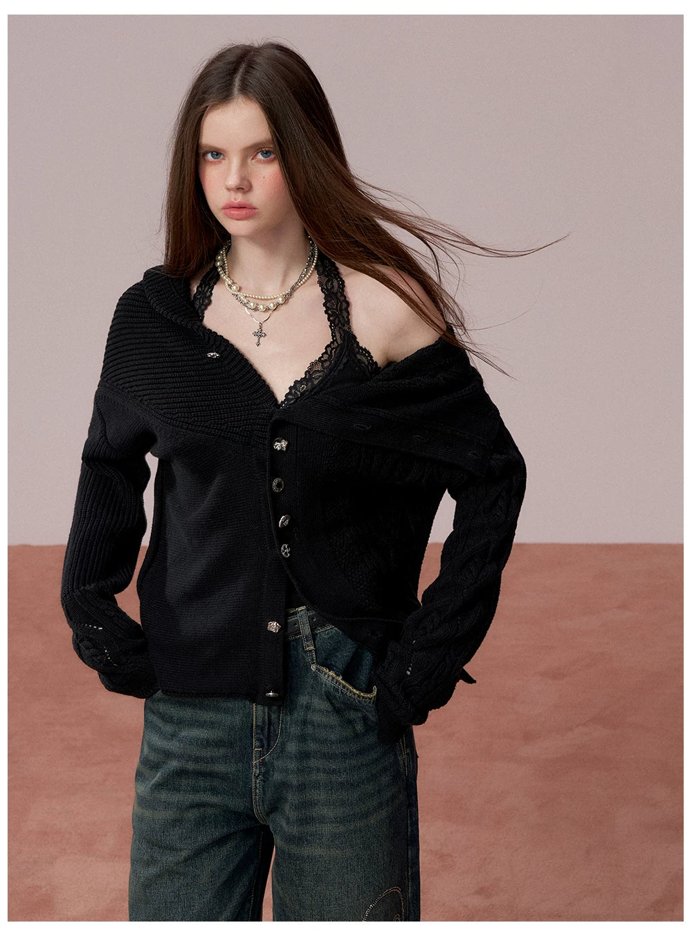 Oversized Collar Asymmetric Knit Sweater Jacket