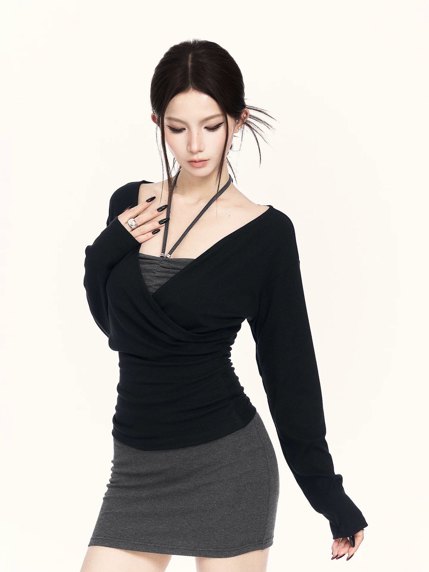 Contrast V-Neck Knit Top & Bodycon Dress Set