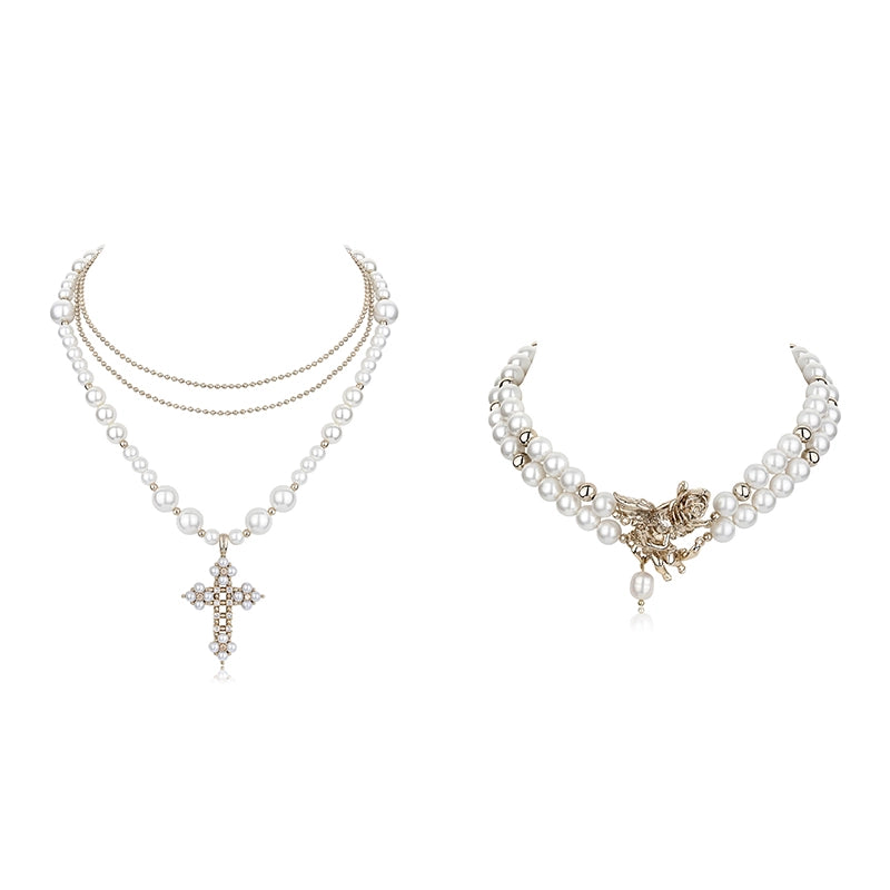 Gothic Angel Pearl Cross Choker - CHINASQUAD