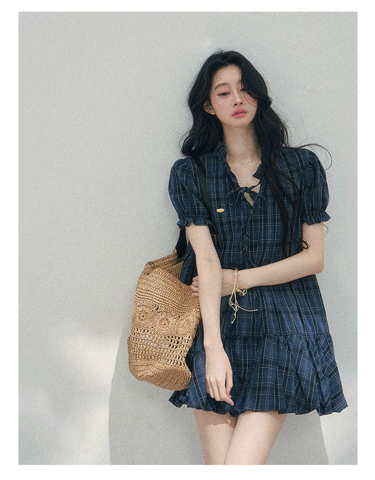 Soft Pleated Puff-Sleeve Mini Dress