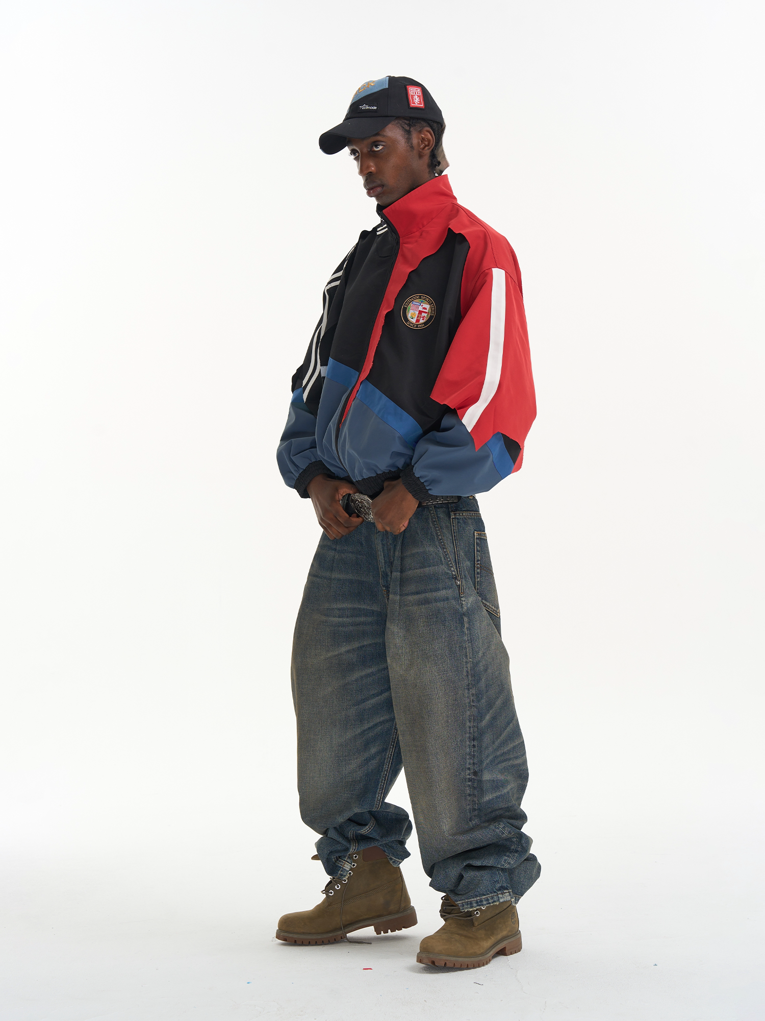 Distressed Cut-Out Color-Block Sport Jacket