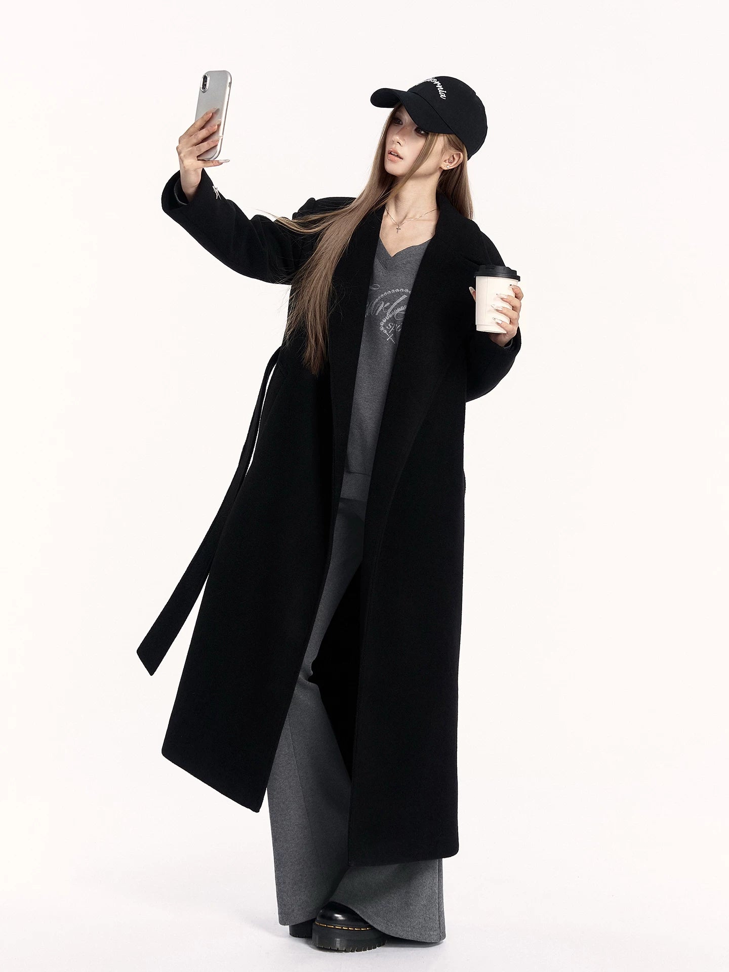 Padded-Shoulder Wool-Blend Long Coat