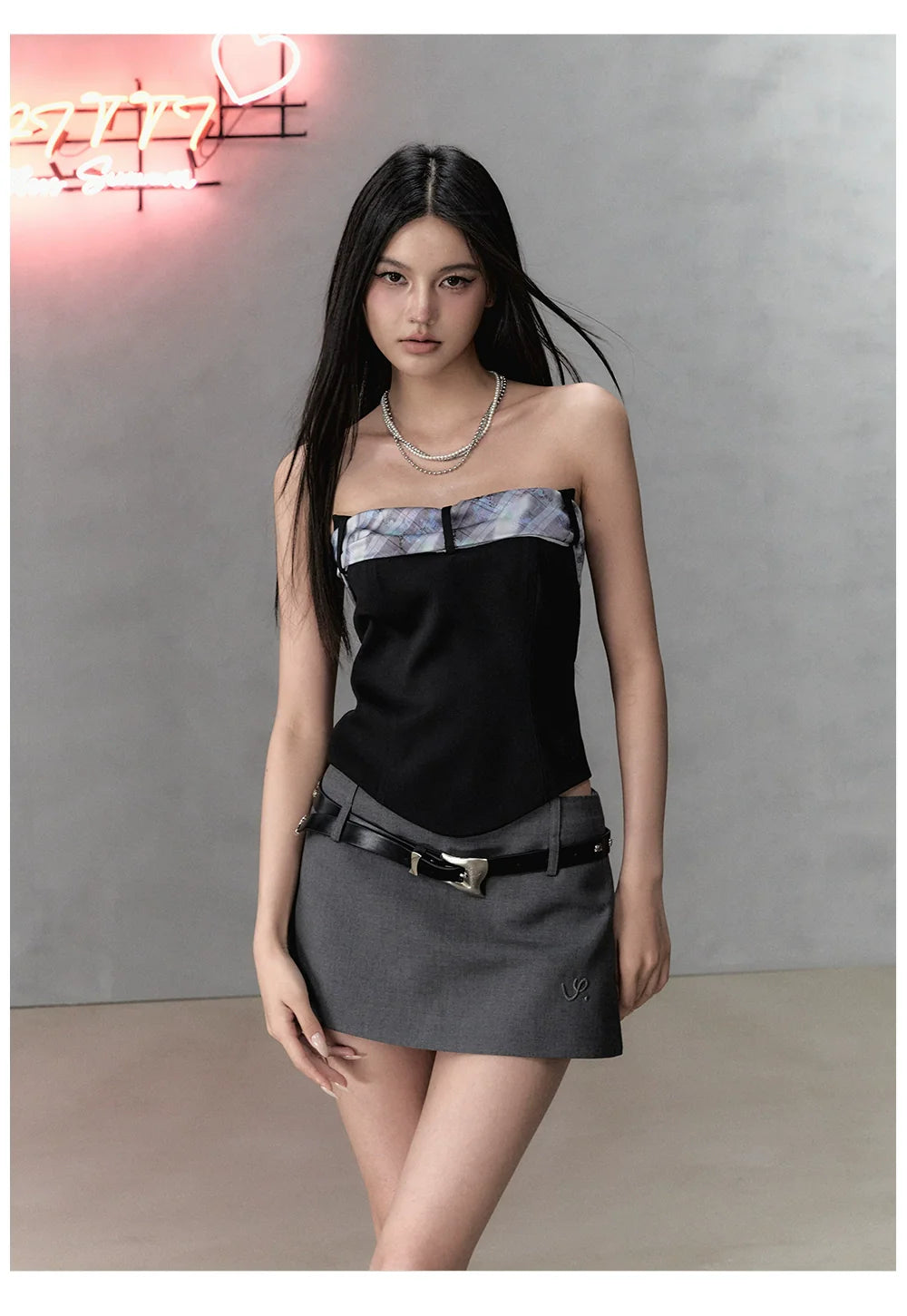 Gray & Black Short Bandeau with Bow Strap Tank Top - CHINASQUAD