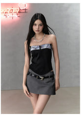 Gray & Black Short Bandeau with Bow Strap Tank Top - CHINASQUAD