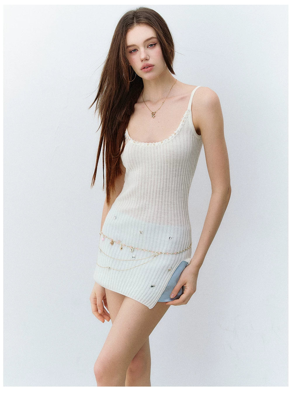 Crystal-Embellished Ribbed Knit Side-Slit Camisole Dress