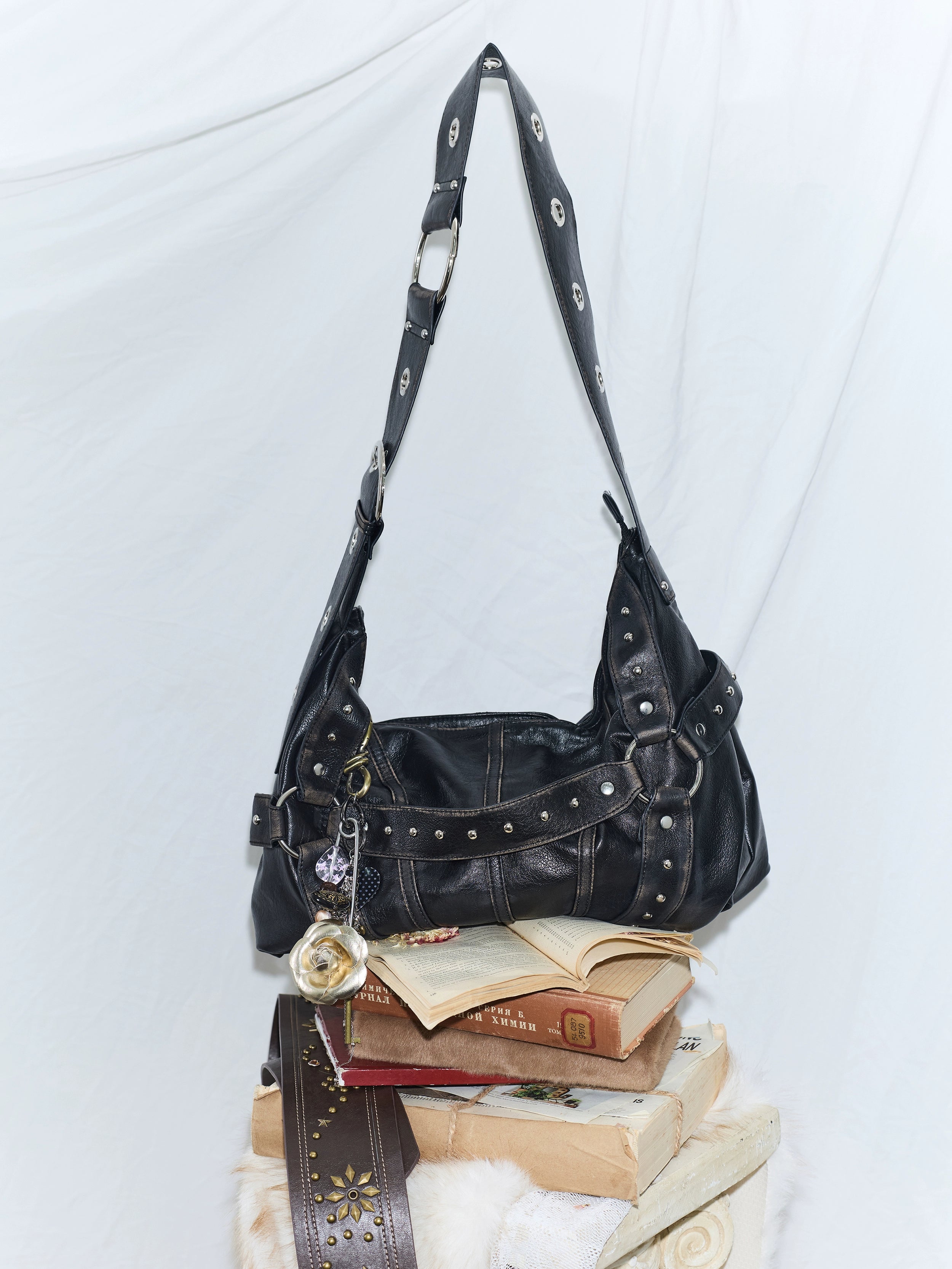 Vintage Studded Wide-Strap Crossbody Bag