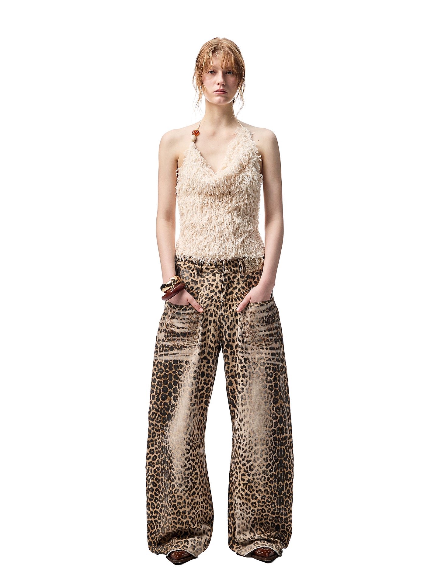 Washed Leopard Print Canvas Curved Pants - CHINASQUAD