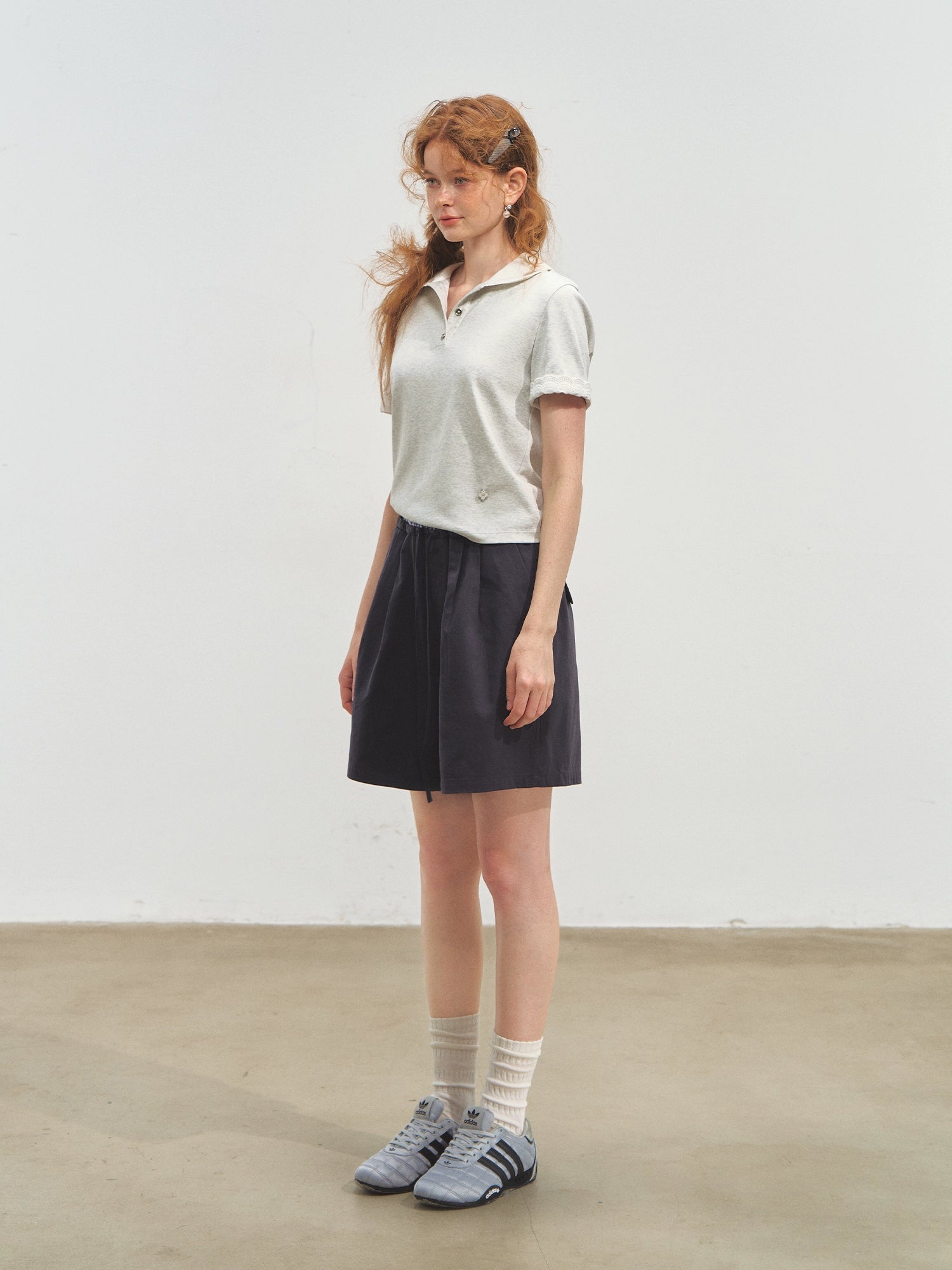 Striped Lace Short-Sleeve Polo Neck T-Shirt - CHINASQUAD