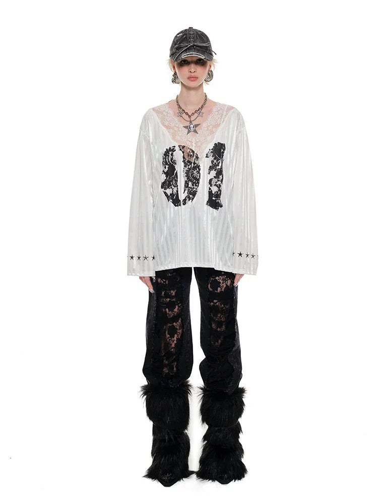 Black & White Lace-trimmed V-neck Satin Jersey - CHINASQUAD