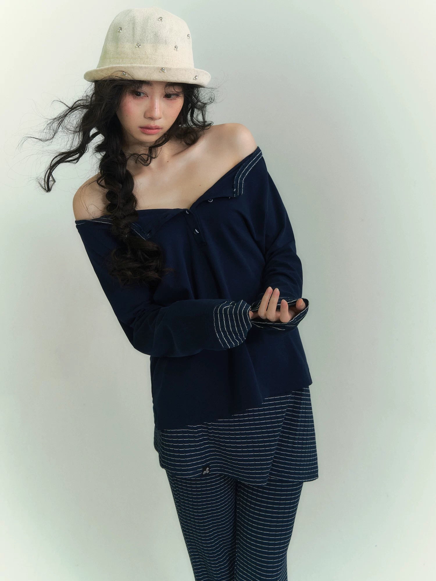Patchwork Striped Henley Long Sleeve T-Shirt & Layered Knit Flared Skirt Pants Set