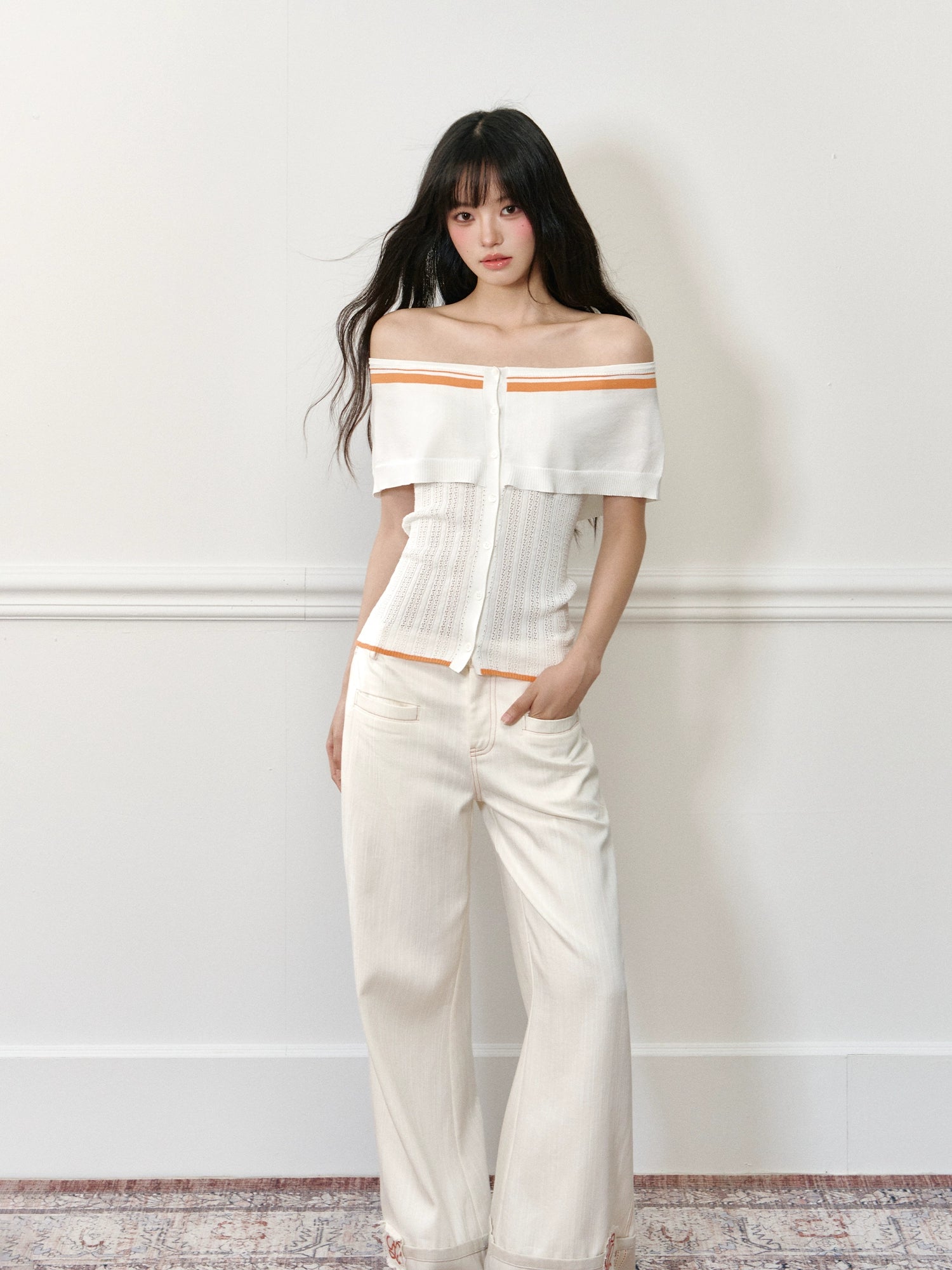 Color-block Off-shoulder Poncho-style Knit T-shirt - CHINASQUAD