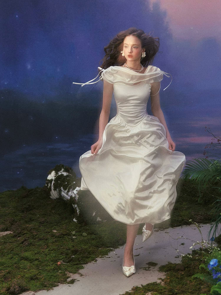 White French Court-Style Draped-Neck Dress