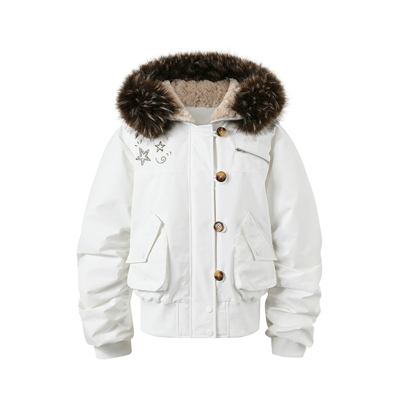 Studded Faux Fur Collar Bomber Down Jacket - CHINASQUAD