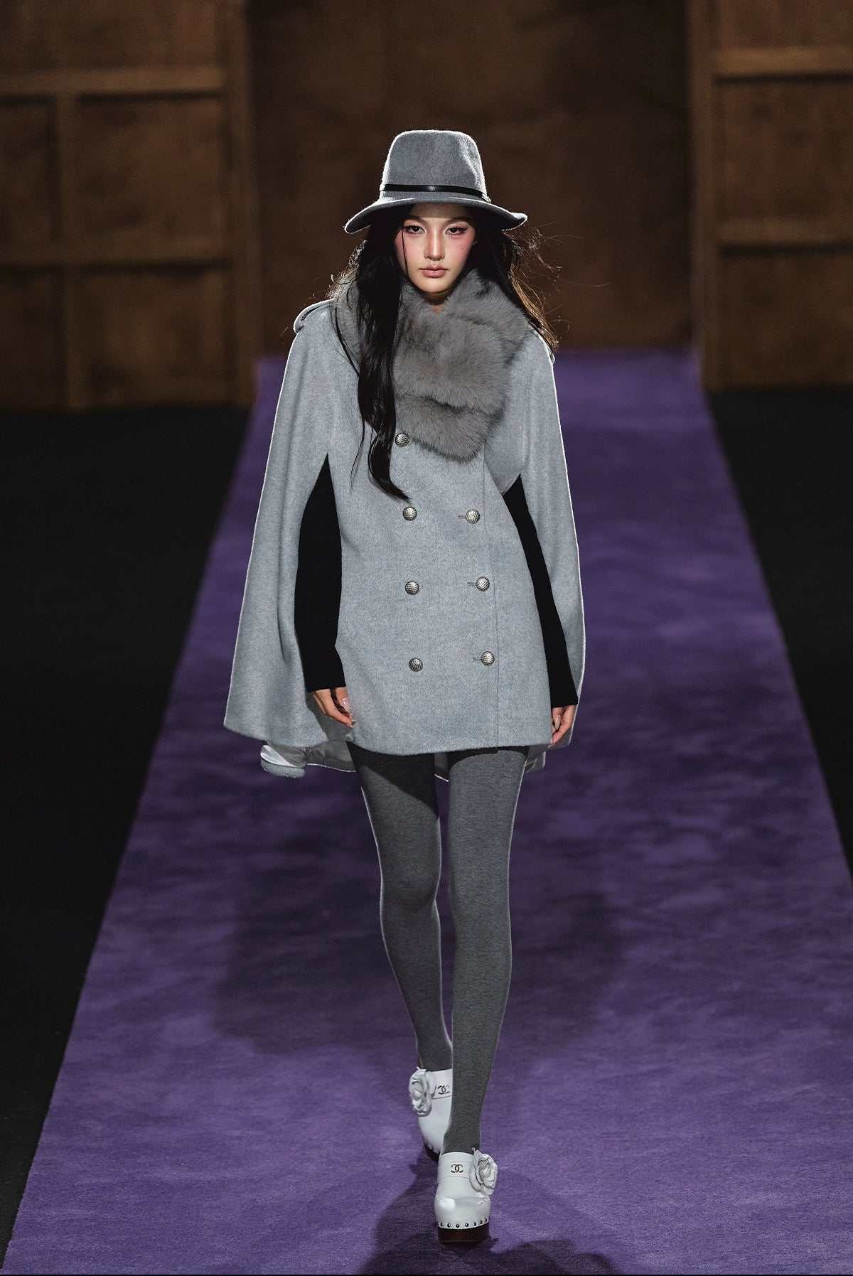 Wool-Blend Detachable Fur-Collar Cape Coat