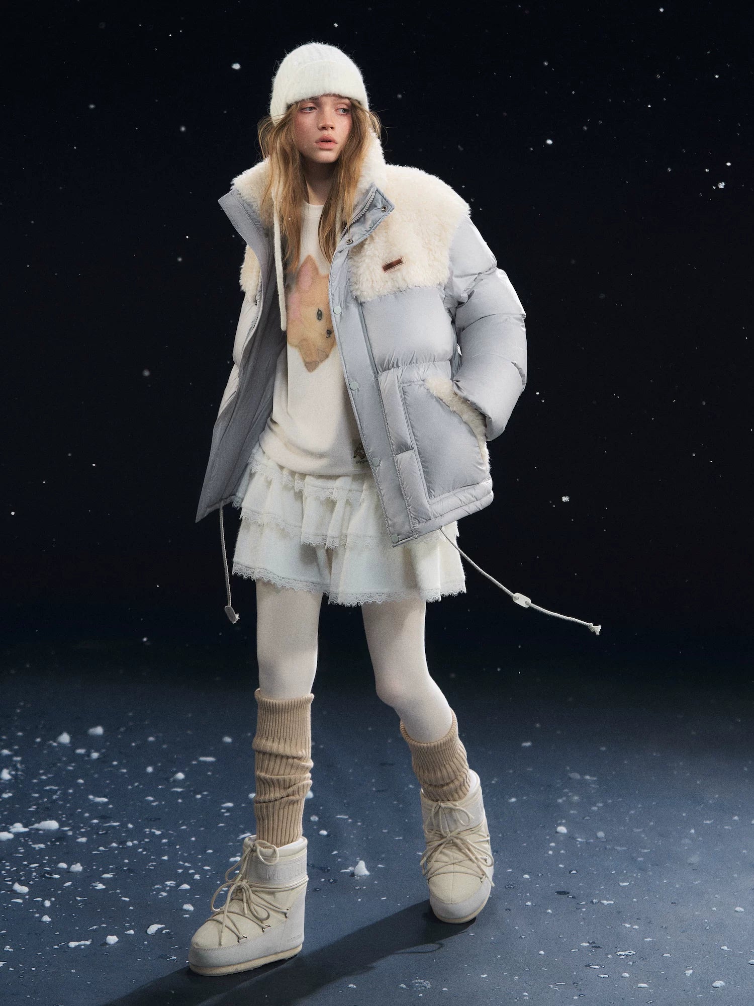 Shearling-Panel Stand-Collar Down Jacket