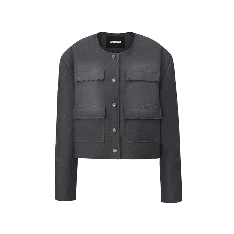 Washed Fringe-Edge Collarless Cropped Blazer