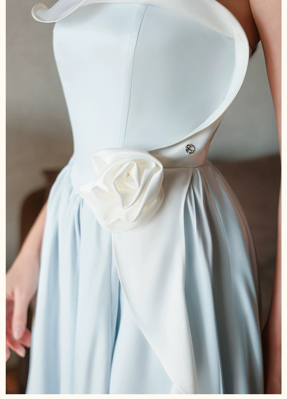 Satin Floral Bubble Hem Strapless Dress