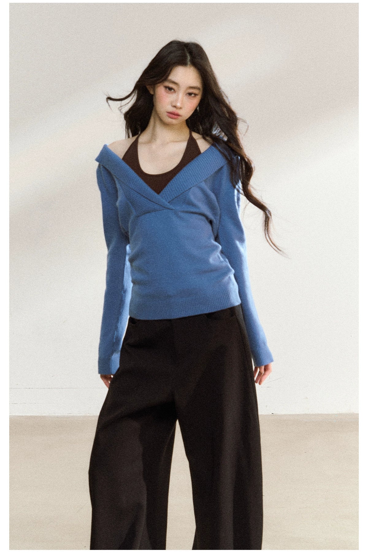 Blue Off-Shoulder Knit Sweater Cardigan - CHINASQUAD