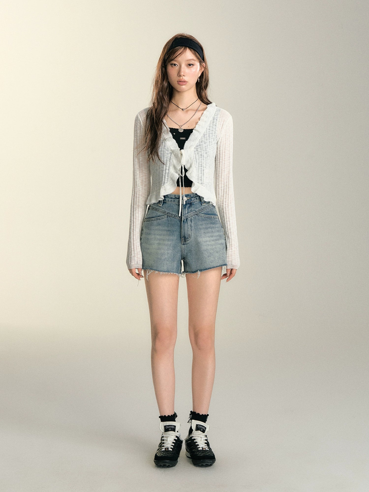 White Ruffle Edge Tie-front Cardigan - CHINASQUAD