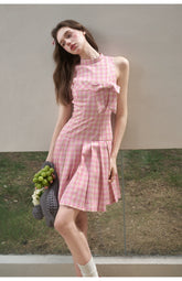 Mint & Strawberry Check Halter Dress - CHINASQUAD