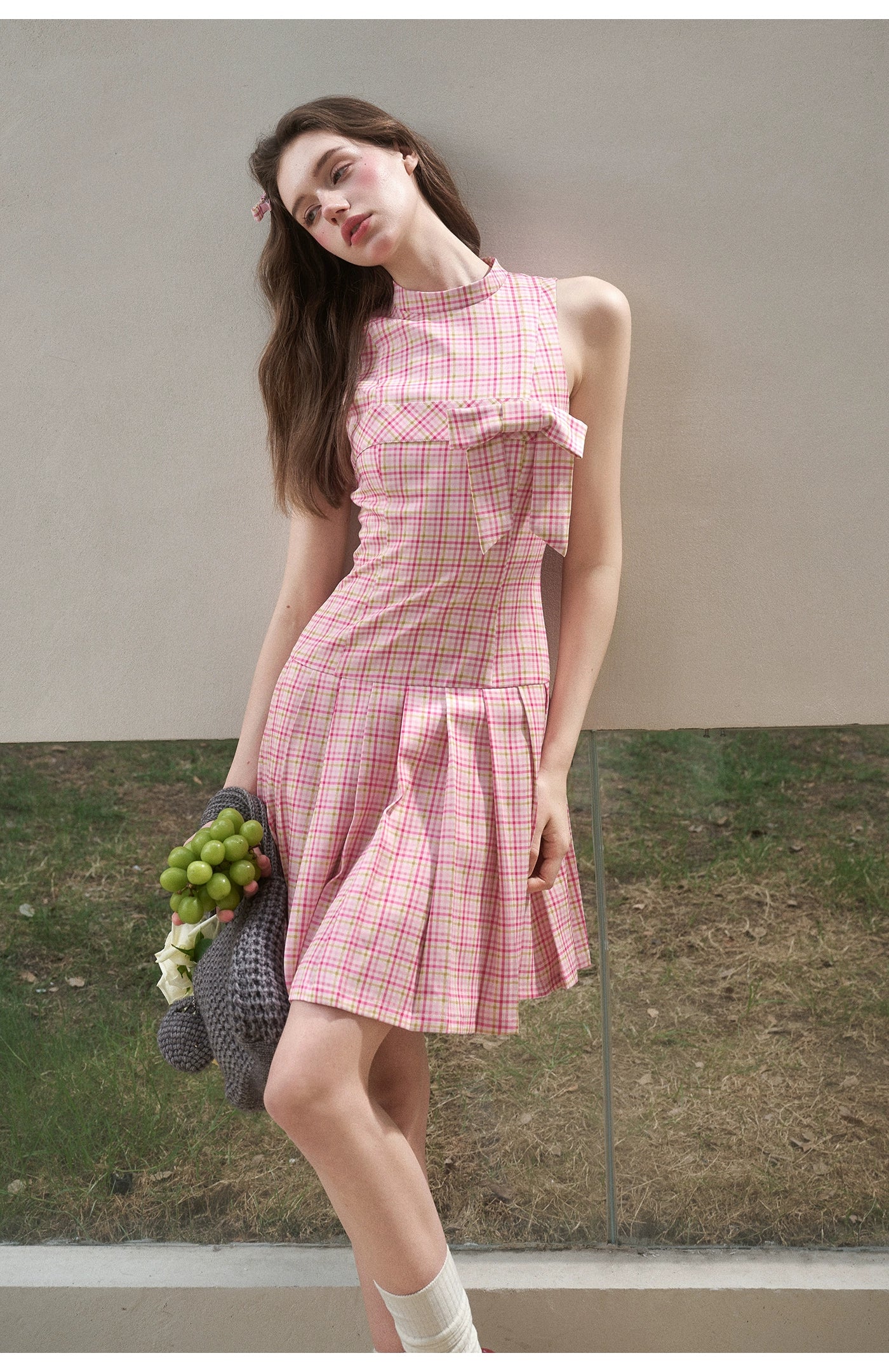 Mint & Strawberry Check Halter Dress