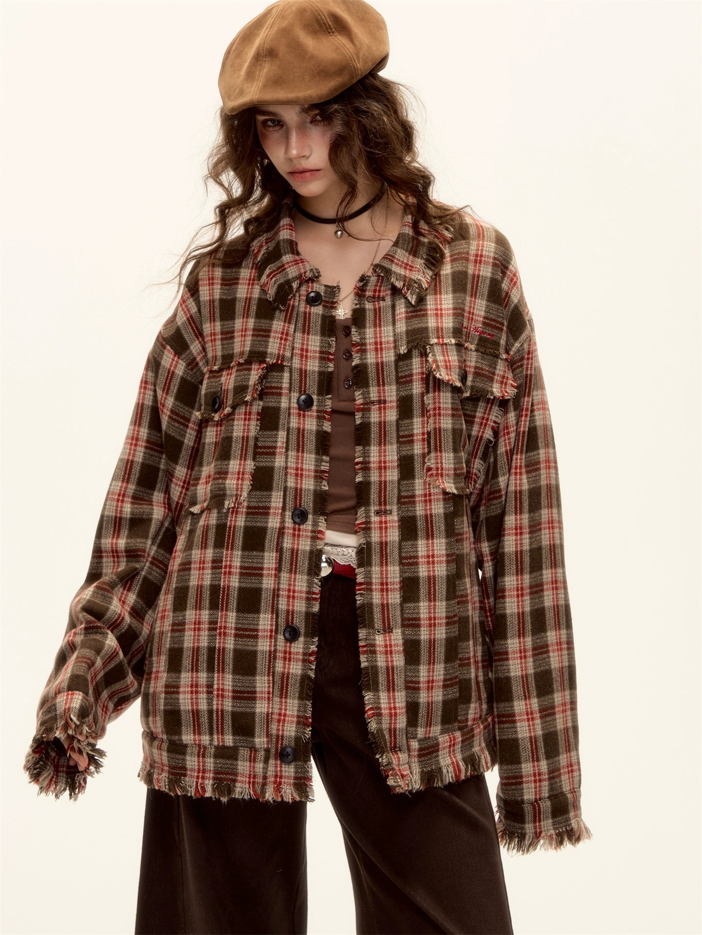 Wool Blend Checkered Contrast Fringe Shirt
