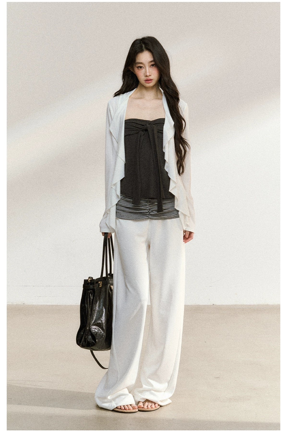 Layered Ruffle-Edge Cardigan & Tube Top Set - CHINASQUAD