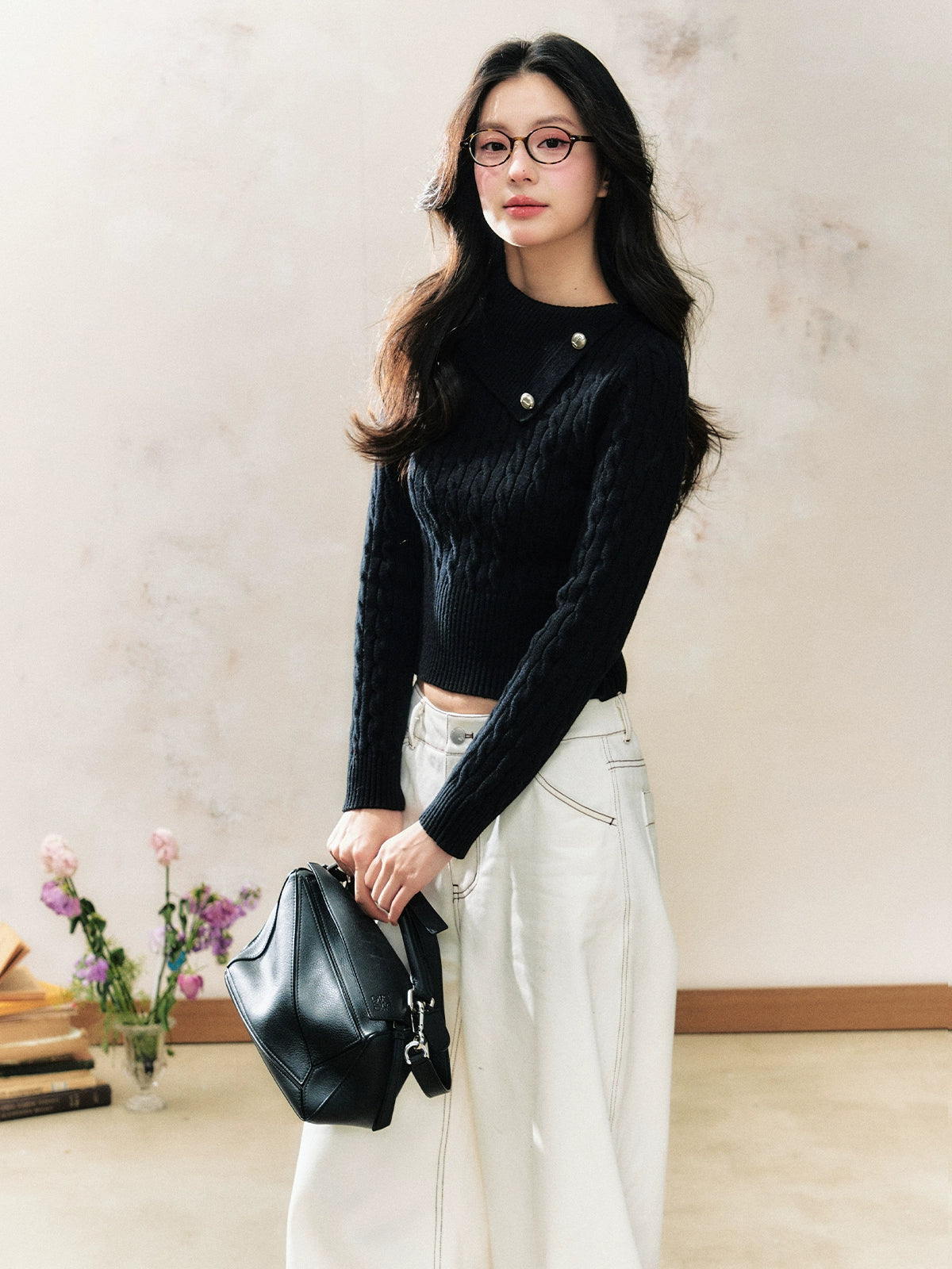 Black Button Sweater Inner Fitted Top - CHINASQUAD