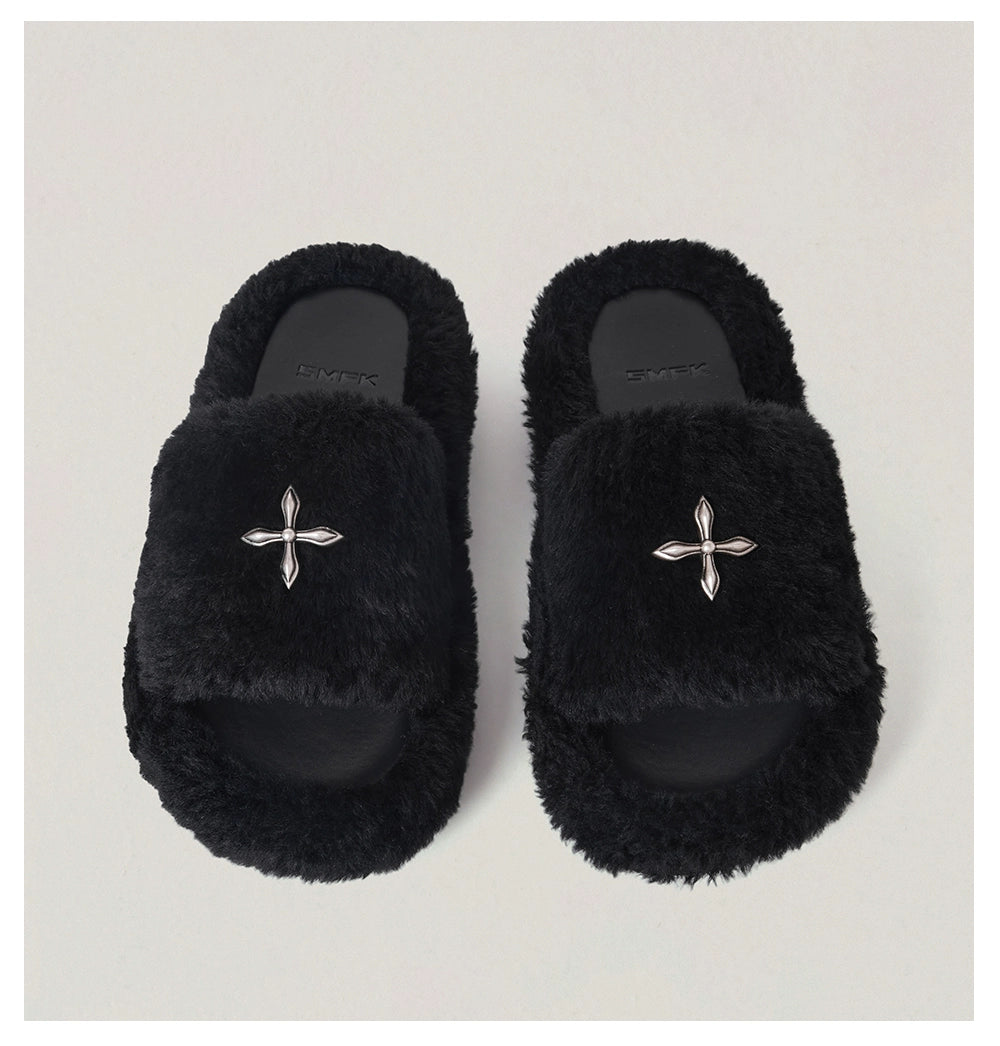 Cross Emblem Shearling Slide Sandals - CHINASQUAD