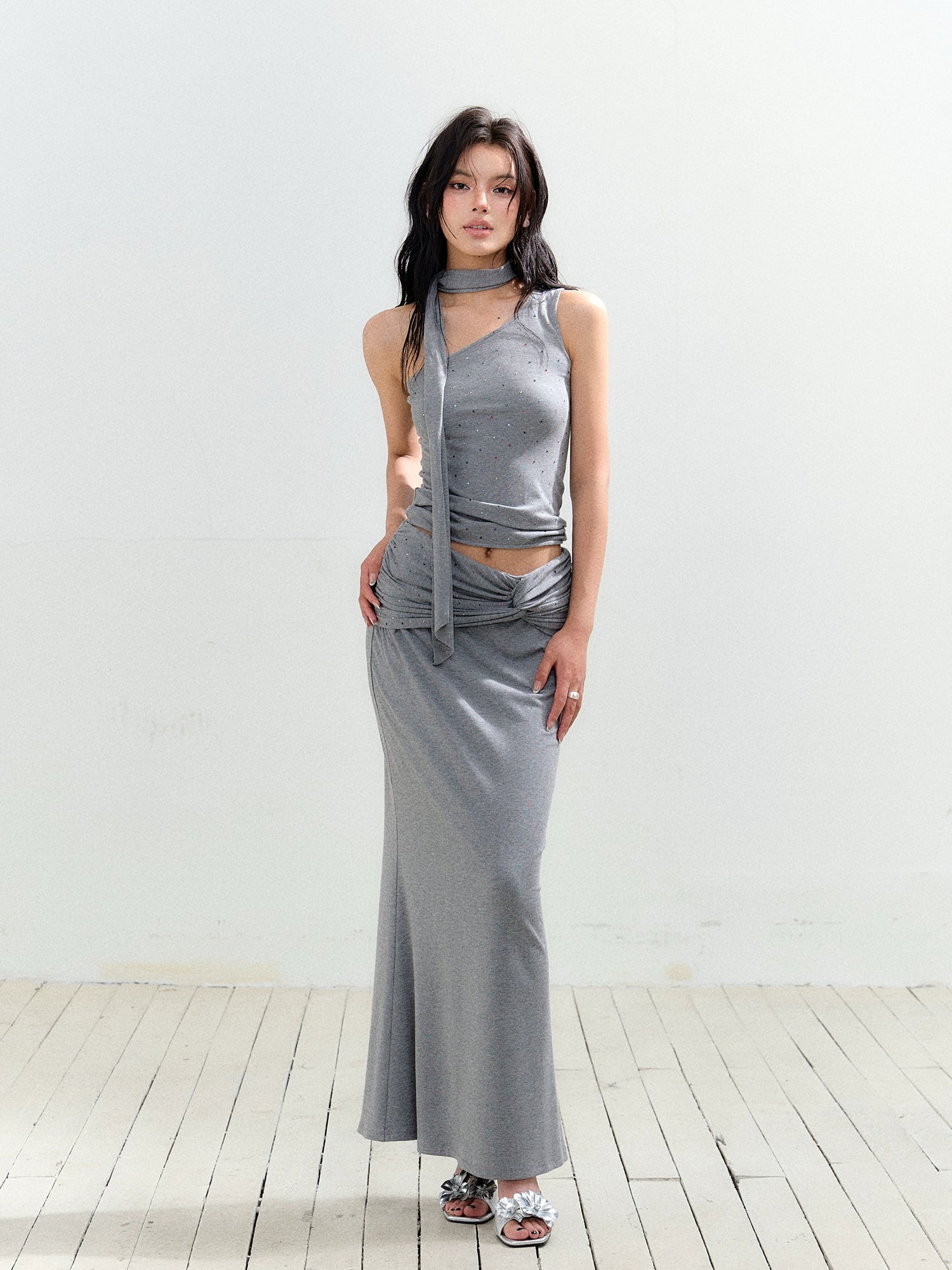 Rhinestone One-Shoulder Knit Vest & Skirt Set - CHINASQUAD