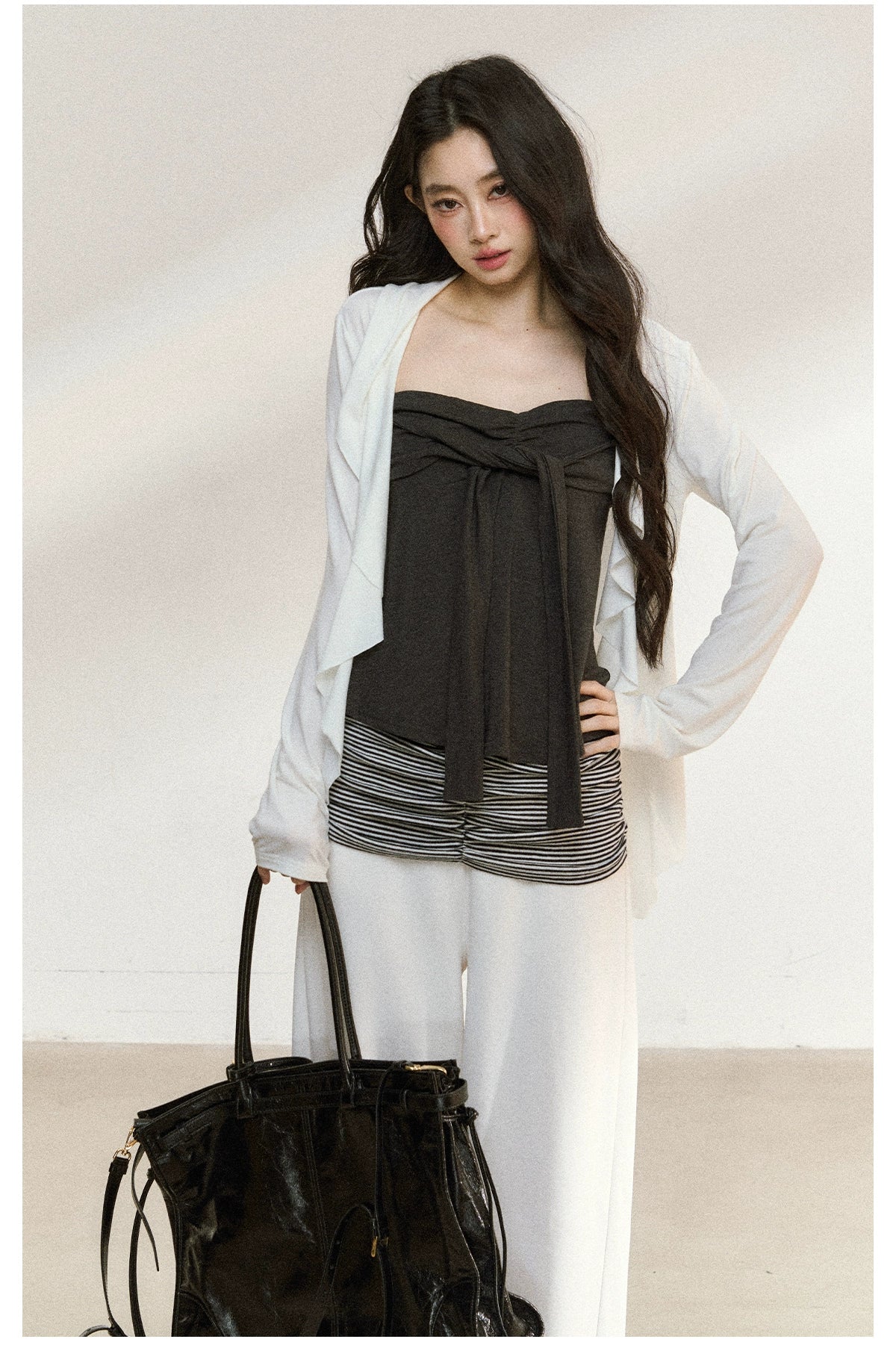 Layered Ruffle-Edge Cardigan & Tube Top Set - CHINASQUAD