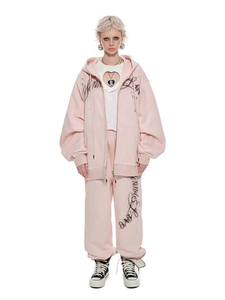 Spray-painted Letter Print Loose Zip-up Hoodie - CHINASQUAD