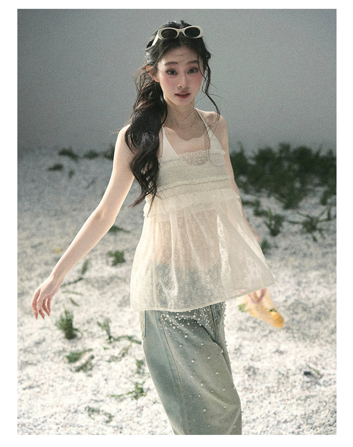 “Shattered Glass Veil” French Sheer Halter Lace Top