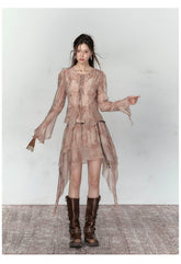 Ruffled Ombre Cardigan & Skirt Set - CHINASQUAD